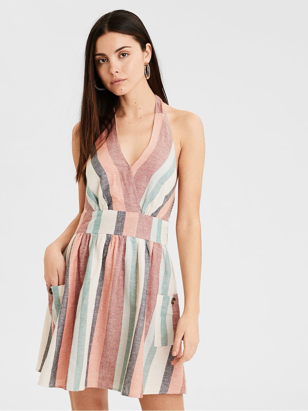 American Eagle Stripe Cotton Linen Halter Dress Small NWT Pastel Summer Multi